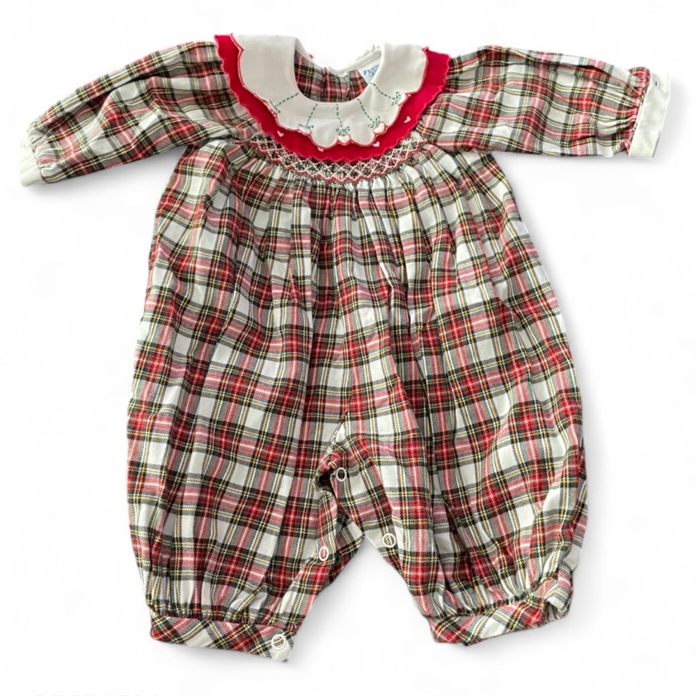 Friedknit Creations baby girl plaid romper w/ cherry hearts Sz 3 months